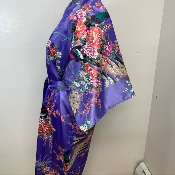 Vintage Jugemm Kimono Robe Woman 40"  Made Japan‎ Purple Peacock Satin Oriental - Picture 6 of 11